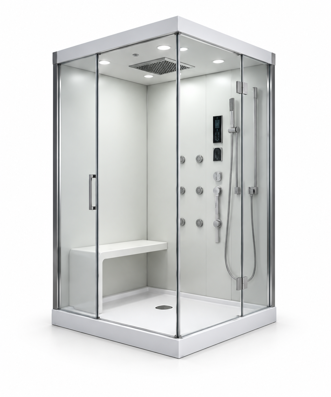 Illustration of a glass corner steam shower with a bench and body jets